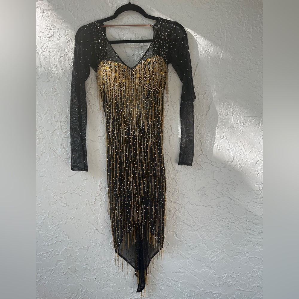 BALLROOM competition dress. Latin. Black w. Gold and silver. Stones and pearls.
